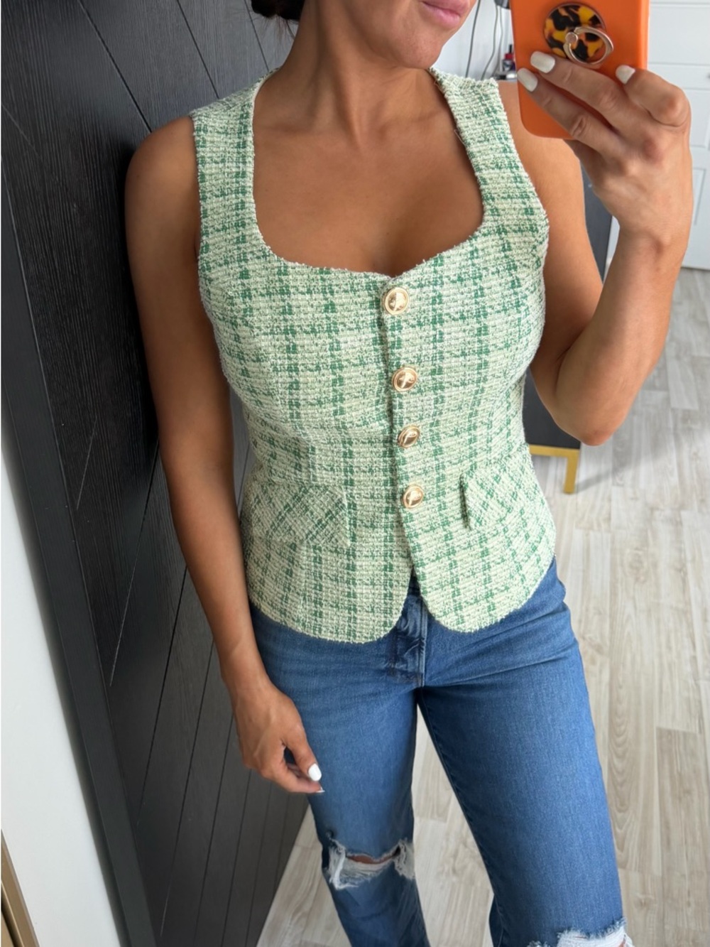 Fashion Nova Green Tweed Button-Front Tank with Gold Buttons